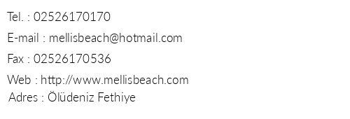 Mellis Beach Hotel telefon numaralar, faks, e-mail, posta adresi ve iletiim bilgileri